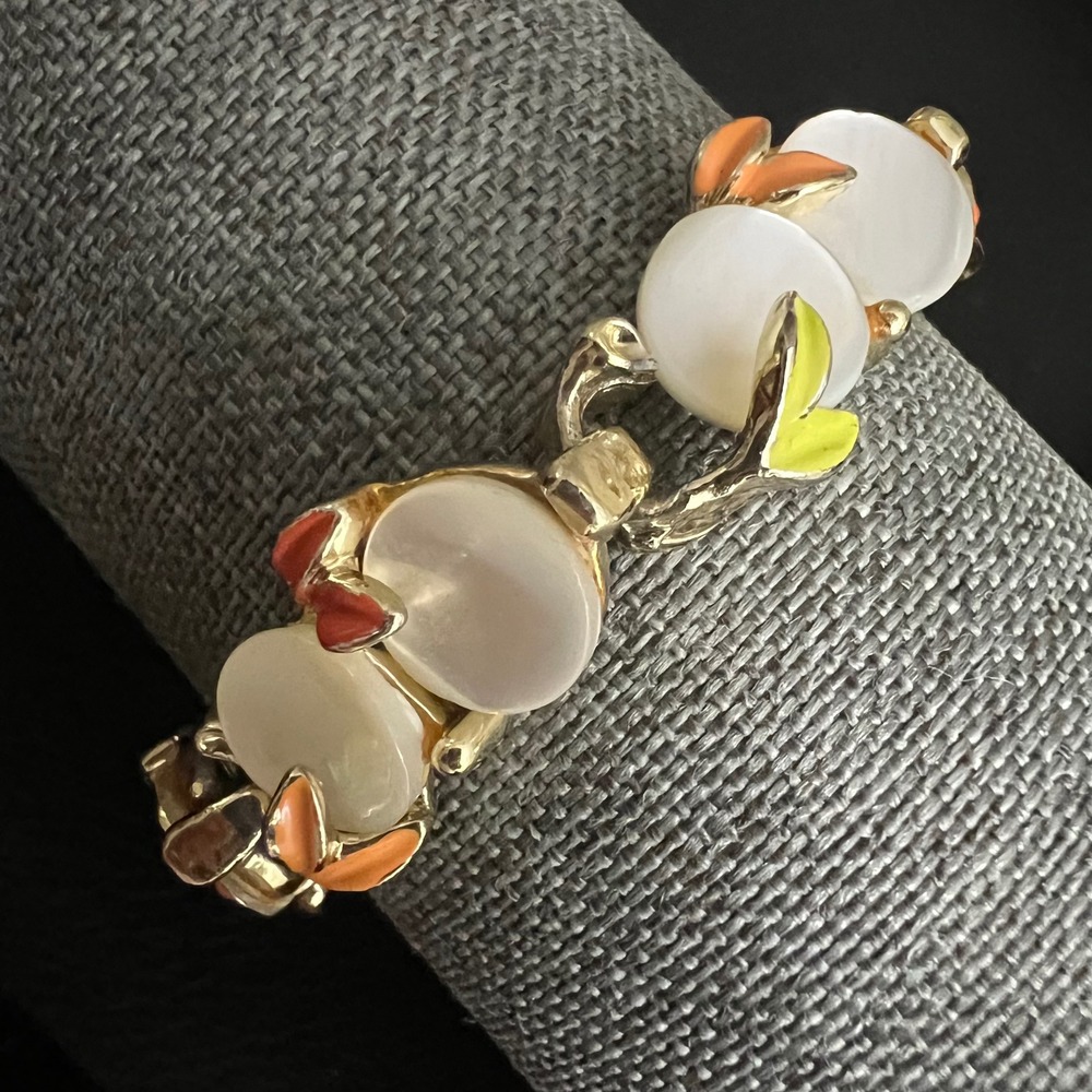 Vintage Gold Tone Enamel Leaf Faux Moonstone Link Bracelet 7",Cottagecore 50s